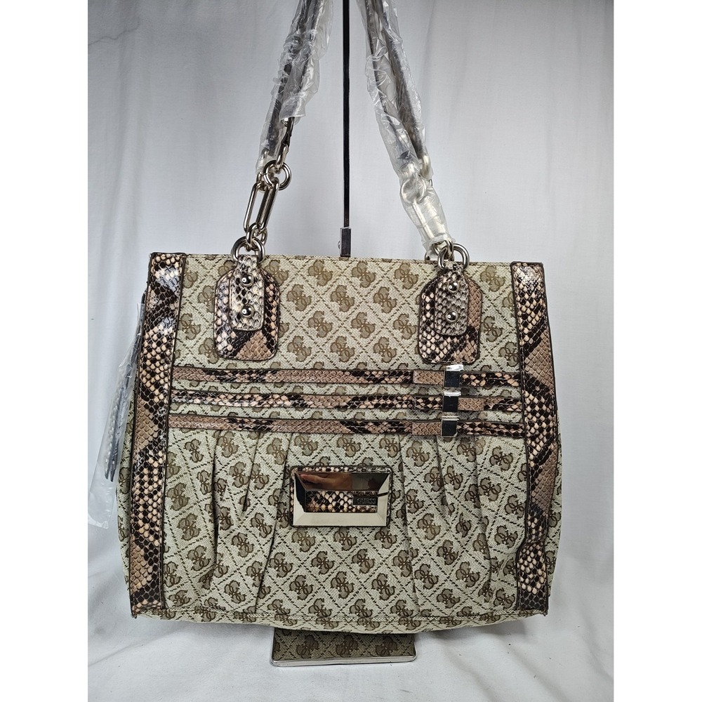 GUESS Classique Shoulder Tote Bag Mocha Monogram Jacquard Faux Snake NWT SI26060